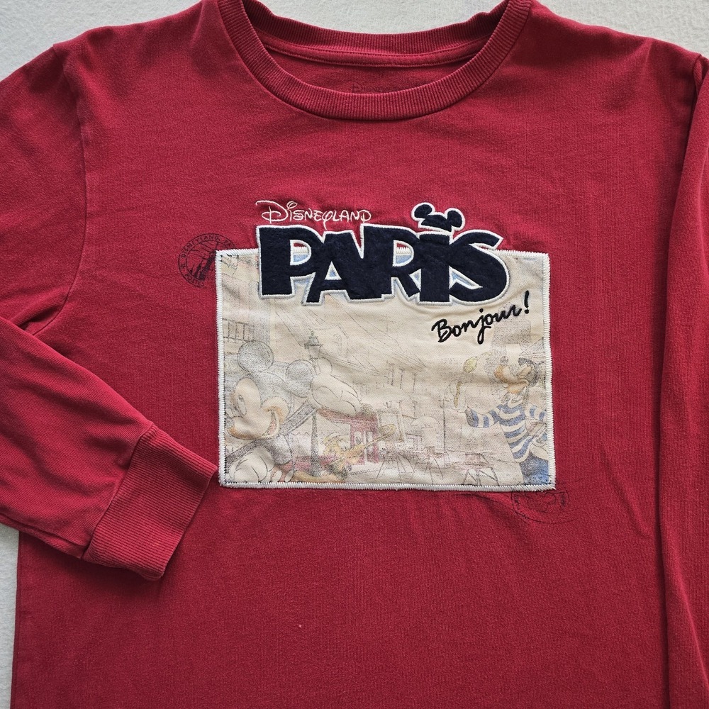 Disneyland Paris Mickey Donald Bonjour Sweatshirt Red Long Sleeve Graphic Top M